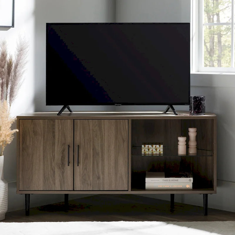 Meuble TV d'angle de 122 cm avec étagères ouvertes, finition bois moderne