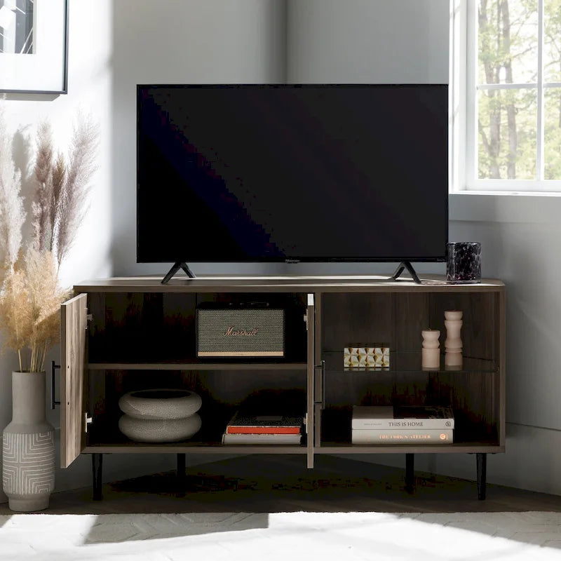 Meuble TV d'angle de 122 cm avec étagères ouvertes, finition bois moderne