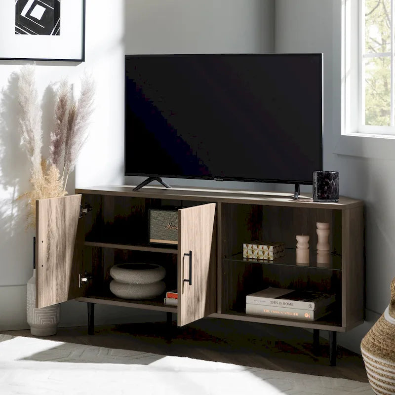 Meuble TV d'angle de 122 cm avec étagères ouvertes, finition bois moderne