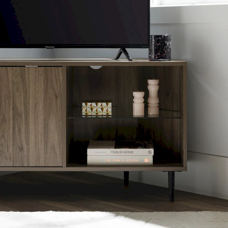 Meuble TV d'angle de 122 cm avec étagères ouvertes, finition bois moderne