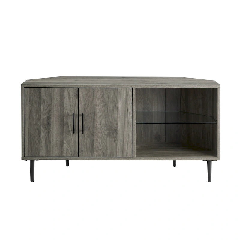 Meuble TV d'angle de 122 cm avec étagères ouvertes, finition bois moderne