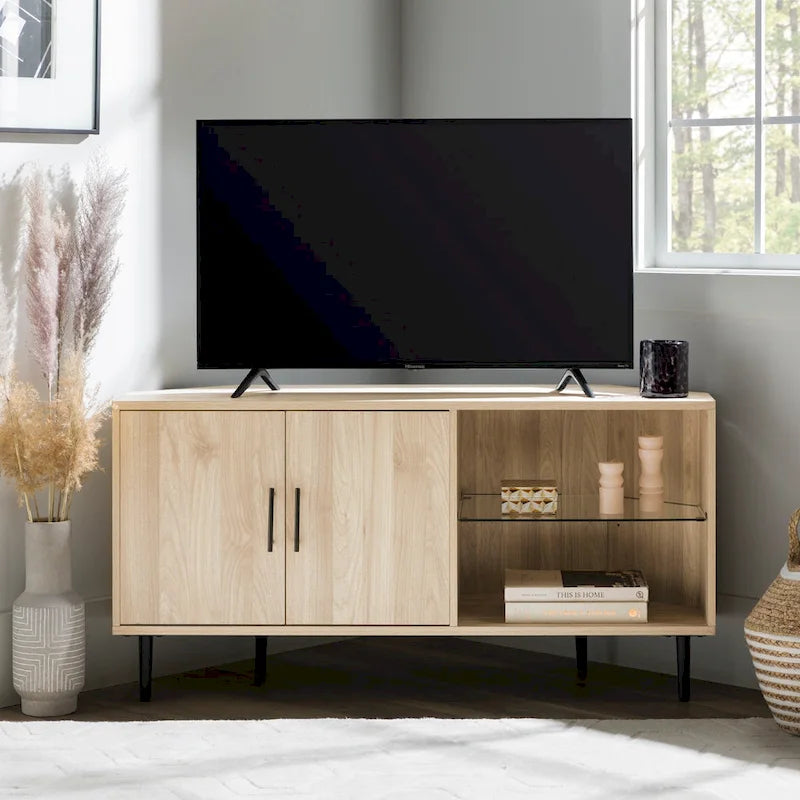 Meuble TV d'angle de 122 cm avec étagères ouvertes, finition bois moderne
