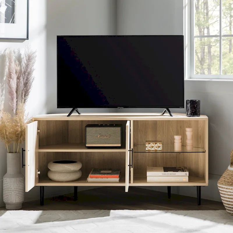 Meuble TV d'angle de 122 cm avec étagères ouvertes, finition bois moderne