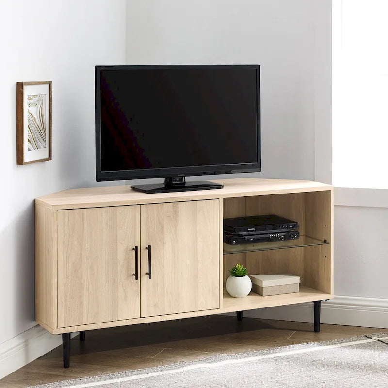 Meuble TV d'angle de 122 cm avec étagères ouvertes, finition bois moderne