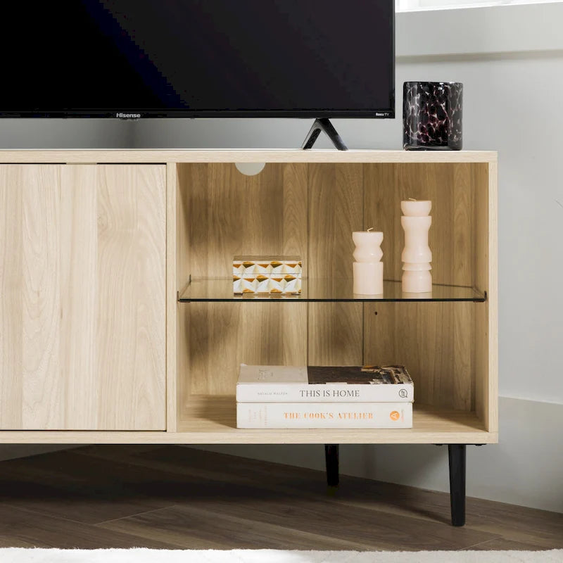 Meuble TV d'angle de 122 cm avec étagères ouvertes, finition bois moderne
