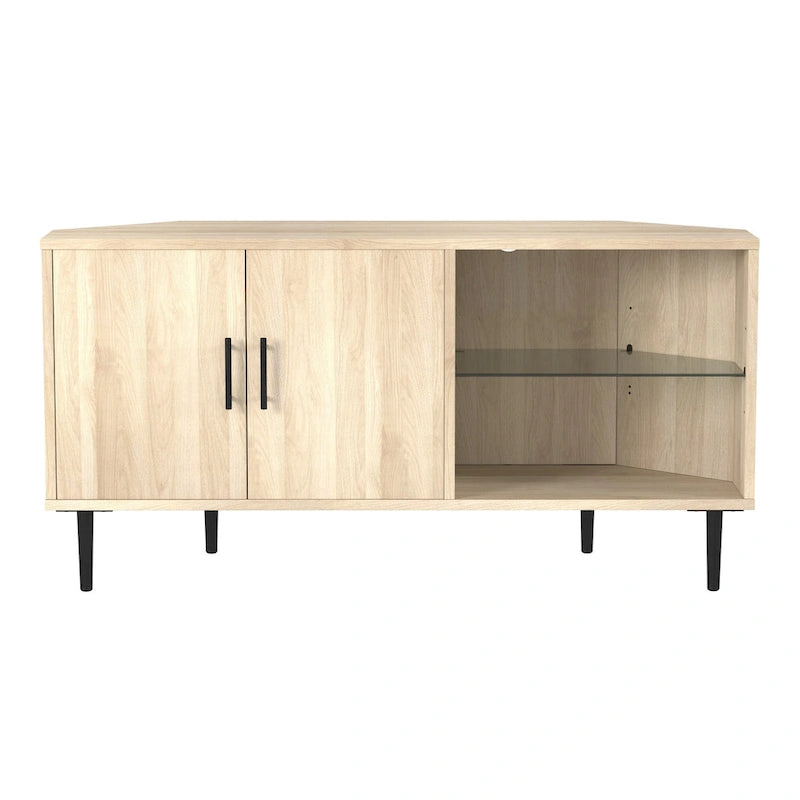 Meuble TV d'angle de 122 cm avec étagères ouvertes, finition bois moderne