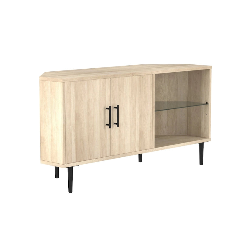 Meuble TV d'angle de 122 cm avec étagères ouvertes, finition bois moderne