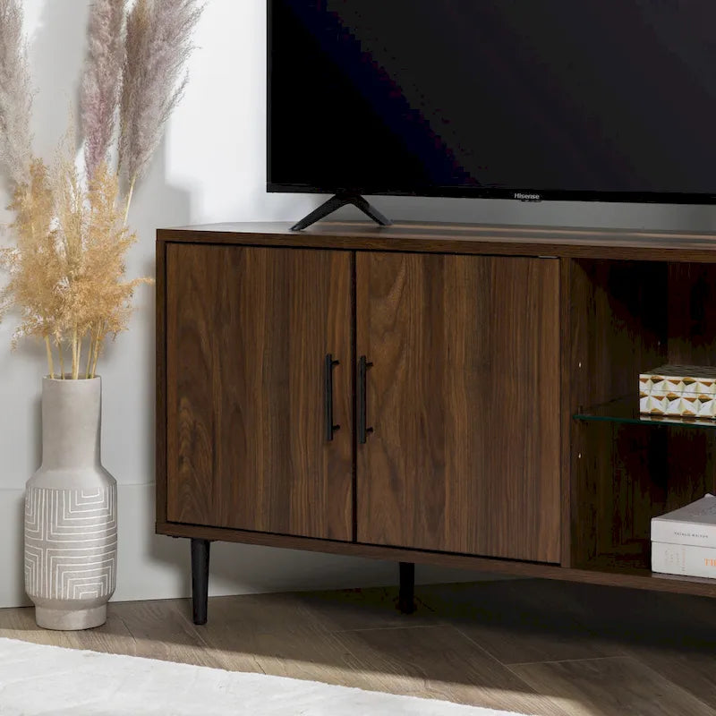 Meuble TV d'angle de 122 cm avec étagères ouvertes, finition bois moderne