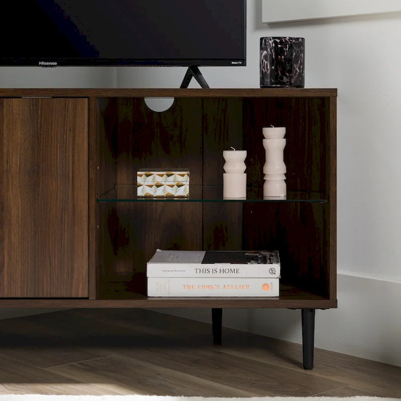 Meuble TV d'angle de 122 cm avec étagères ouvertes, finition bois moderne