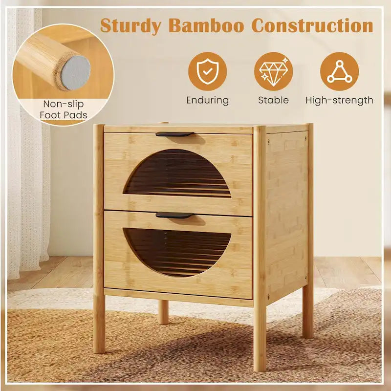 Costway Table de chevet en bambou 1/2 pièces avec 2 tiroirs de rangement et cannelée