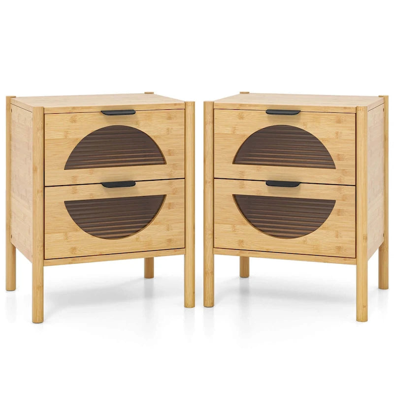 Costway Table de chevet en bambou 1/2 pièces avec 2 tiroirs de rangement et cannelée
