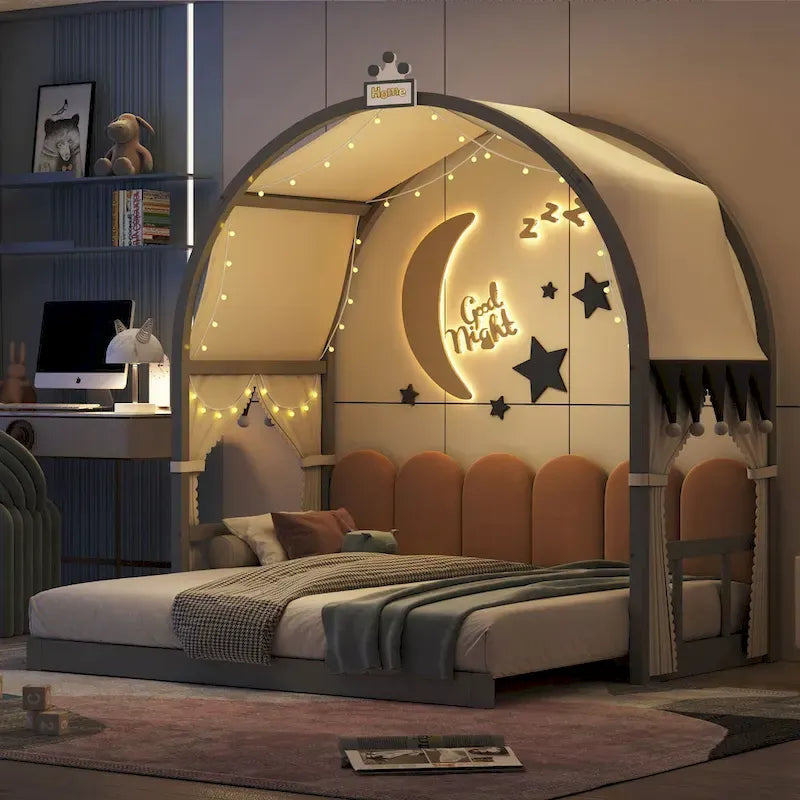 Lit jumeau gris avec toit arqué et lit gigogne