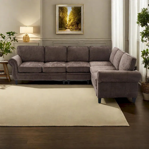 109.5 Chenille 6-Seater L-Shaped Sectional Sofa with Rivets Decorated Rolled Armrests,Cushions, and Wood Frame