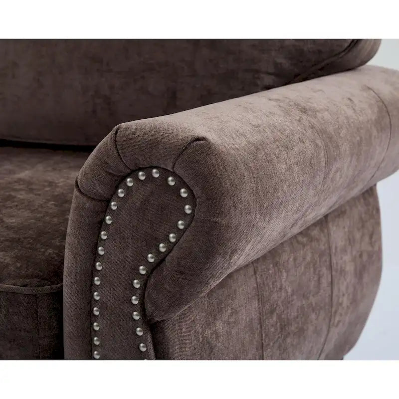 Canapé d'angle en chenille 6 places de 278 cm avec accoudoirs roulés décorés de rivets, coussins et cadre en bois