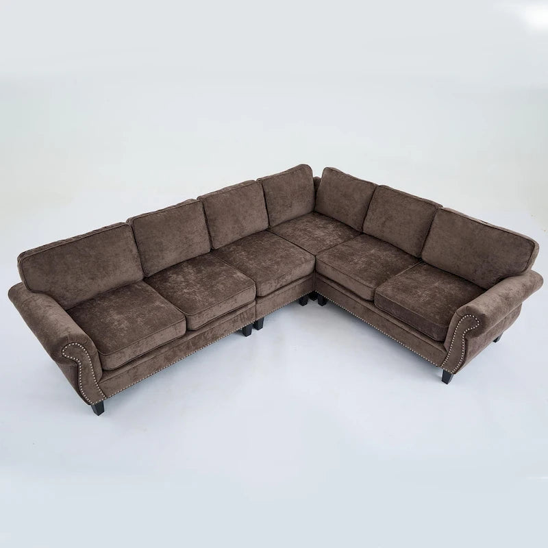 Canapé d'angle en chenille 6 places de 278 cm avec accoudoirs roulés décorés de rivets, coussins et cadre en bois
