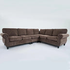 Canapé d'angle en chenille 6 places de 278 cm avec accoudoirs roulés décorés de rivets, coussins et cadre en bois