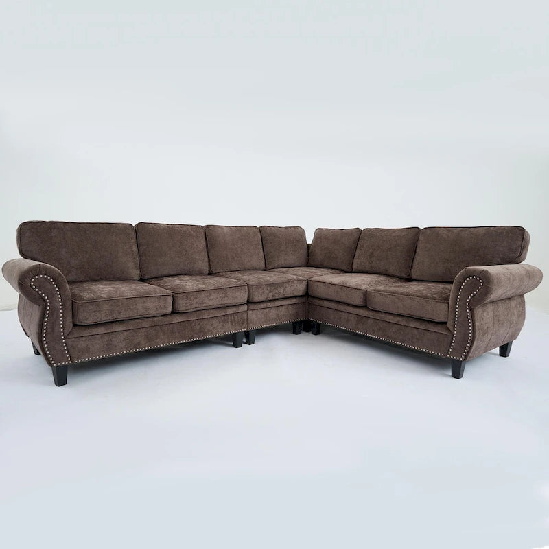 Canapé d'angle en chenille 6 places de 278 cm avec accoudoirs roulés décorés de rivets, coussins et cadre en bois