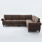 Canapé d'angle en chenille 6 places de 278 cm avec accoudoirs roulés décorés de rivets, coussins et cadre en bois