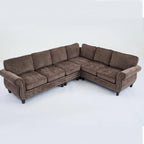 Canapé d'angle en chenille 6 places de 278 cm avec accoudoirs roulés décorés de rivets, coussins et cadre en bois