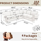 Canapé d'angle en chenille 6 places de 278 cm avec accoudoirs roulés décorés de rivets, coussins et cadre en bois