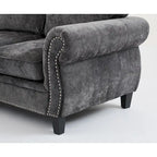 Canapé d'angle en chenille 6 places de 278 cm avec accoudoirs roulés décorés de rivets, coussins et cadre en bois