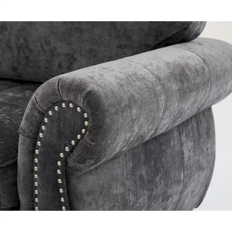 Canapé d'angle en chenille 6 places de 278 cm avec accoudoirs roulés décorés de rivets, coussins et cadre en bois