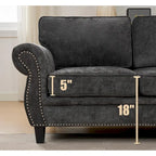 Canapé d'angle en chenille 6 places de 278 cm avec accoudoirs roulés décorés de rivets, coussins et cadre en bois
