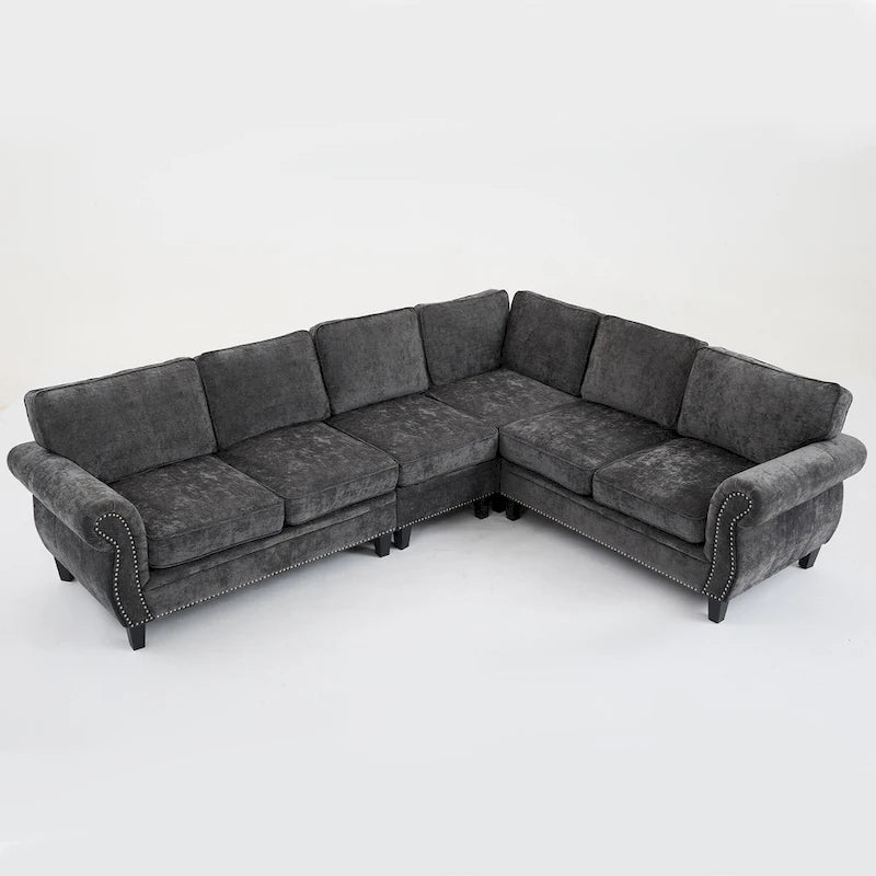 Canapé d'angle en chenille 6 places de 278 cm avec accoudoirs roulés décorés de rivets, coussins et cadre en bois