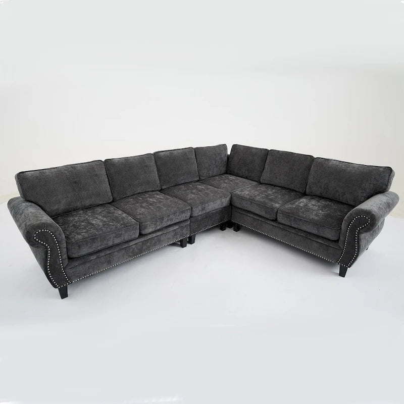 Canapé d'angle en chenille 6 places de 278 cm avec accoudoirs roulés décorés de rivets, coussins et cadre en bois