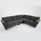 Canapé d'angle en chenille 6 places de 278 cm avec accoudoirs roulés décorés de rivets, coussins et cadre en bois