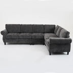 Canapé d'angle en chenille 6 places de 278 cm avec accoudoirs roulés décorés de rivets, coussins et cadre en bois