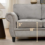 Canapé d'angle en chenille 6 places de 278 cm avec accoudoirs roulés décorés de rivets, coussins et cadre en bois