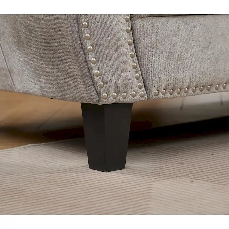 Canapé d'angle en chenille 6 places de 278 cm avec accoudoirs roulés décorés de rivets, coussins et cadre en bois