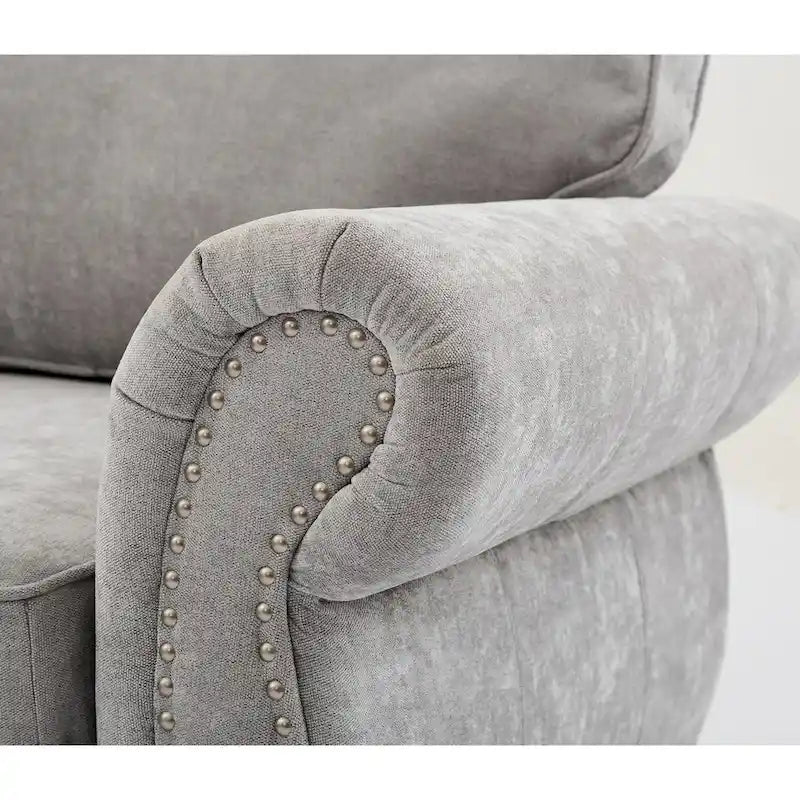 Canapé d'angle en chenille 6 places de 278 cm avec accoudoirs roulés décorés de rivets, coussins et cadre en bois