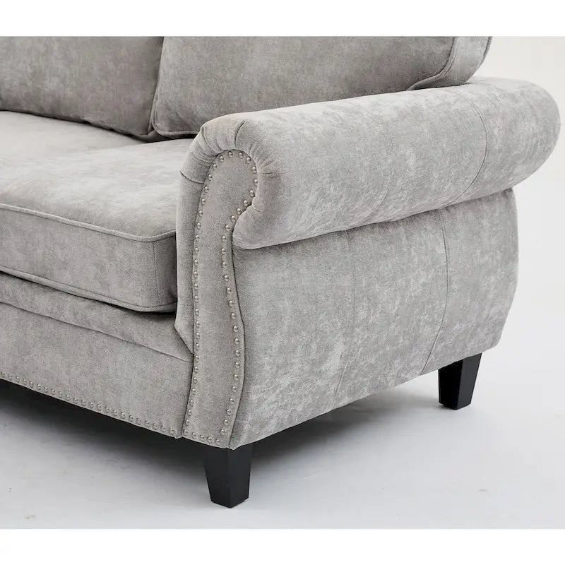 Canapé d'angle en chenille 6 places de 278 cm avec accoudoirs roulés décorés de rivets, coussins et cadre en bois