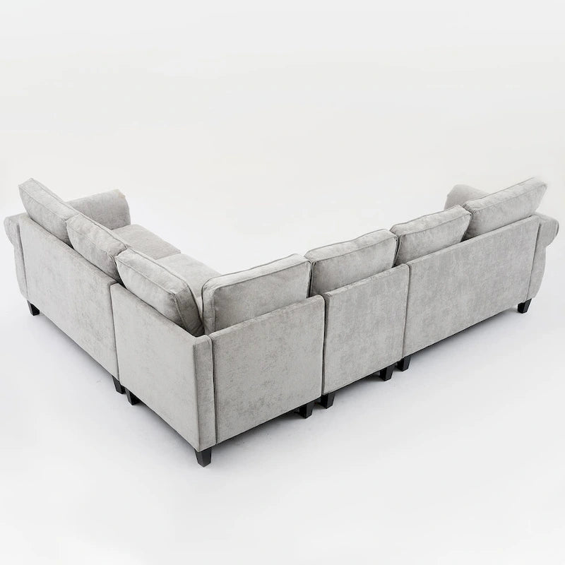 Canapé d'angle en chenille 6 places de 278 cm avec accoudoirs roulés décorés de rivets, coussins et cadre en bois