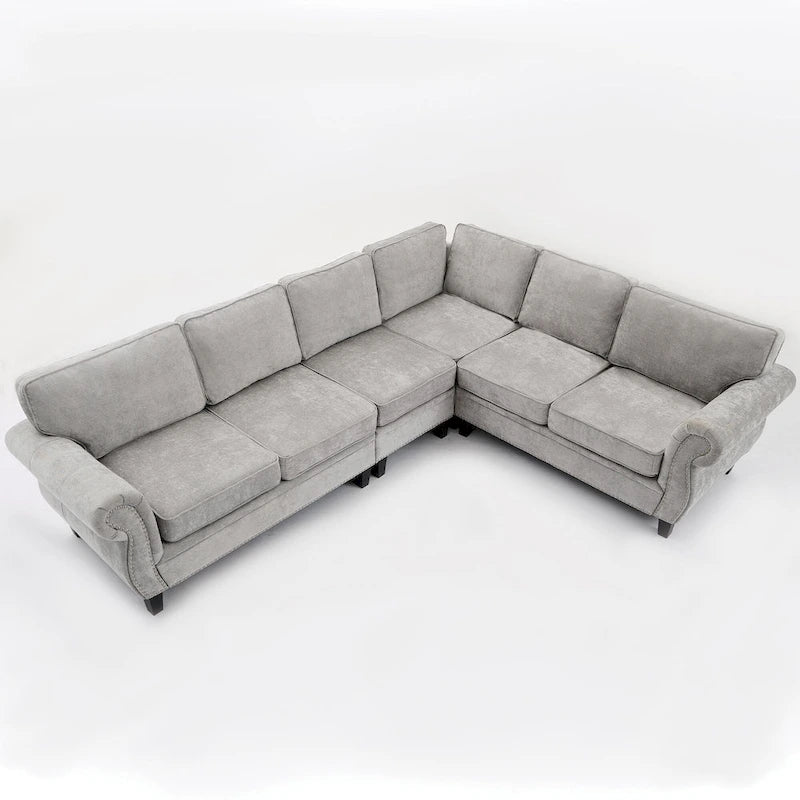 Canapé d'angle en chenille 6 places de 278 cm avec accoudoirs roulés décorés de rivets, coussins et cadre en bois