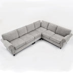 Canapé d'angle en chenille 6 places de 278 cm avec accoudoirs roulés décorés de rivets, coussins et cadre en bois