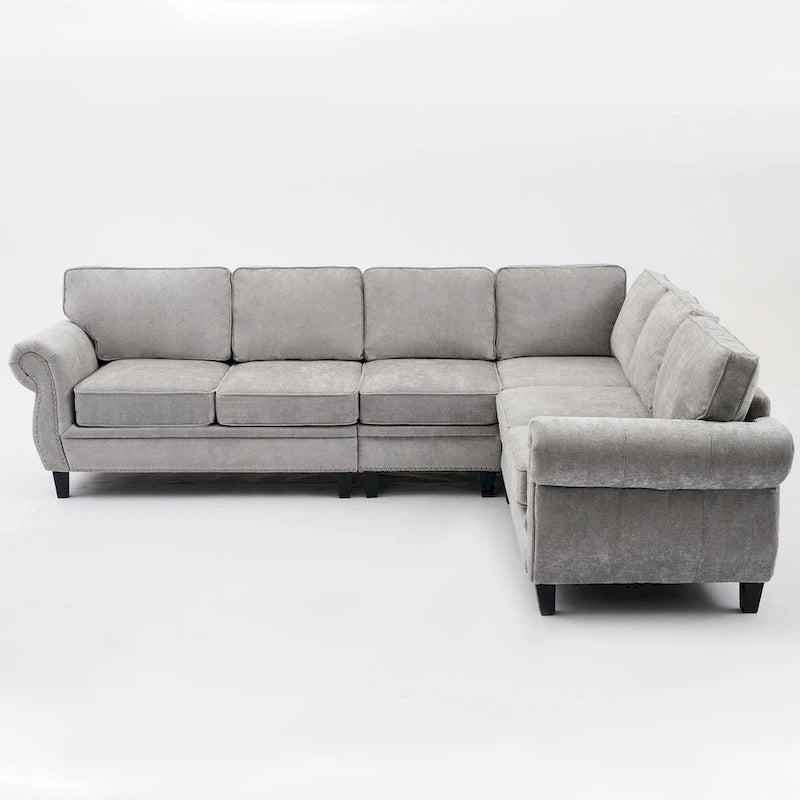 Canapé d'angle en chenille 6 places de 278 cm avec accoudoirs roulés décorés de rivets, coussins et cadre en bois