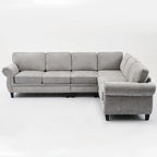 Canapé d'angle en chenille 6 places de 278 cm avec accoudoirs roulés décorés de rivets, coussins et cadre en bois