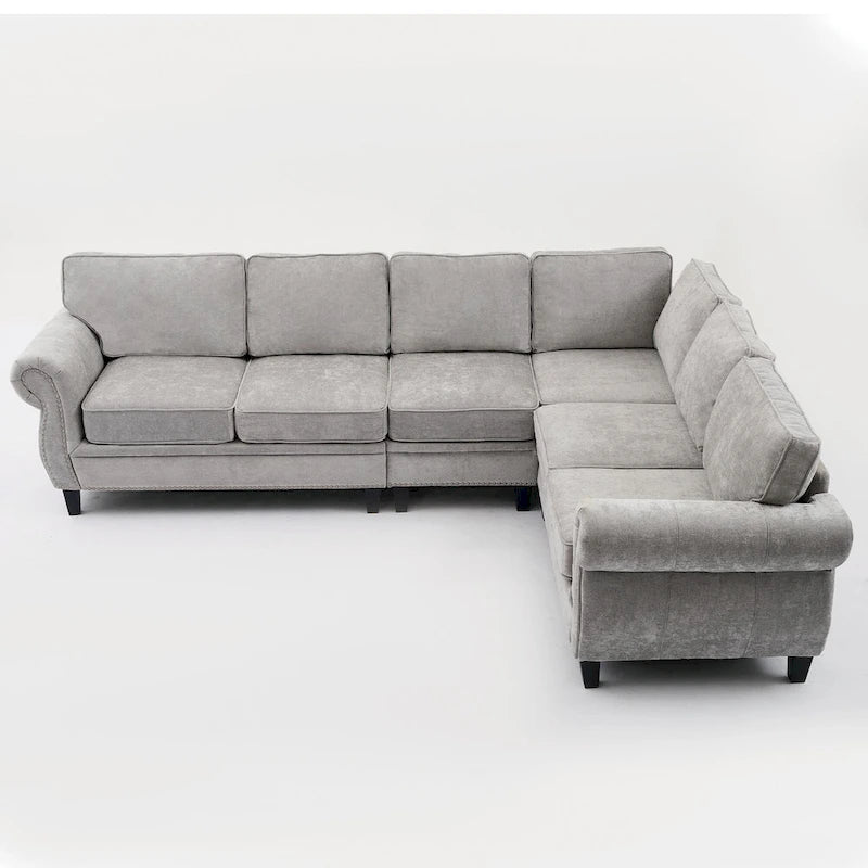 Canapé d'angle en chenille 6 places de 278 cm avec accoudoirs roulés décorés de rivets, coussins et cadre en bois