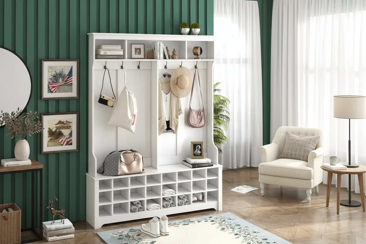 Merax Multiple Functions Hall Tree with Hooks, Shelves & 24 Shoe Cubbies