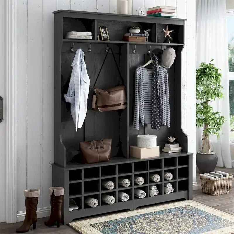 Meuble d'entrée multifonctionnel avec crochets, étagères et 24 casiers à chaussures, Rangement d'entrée