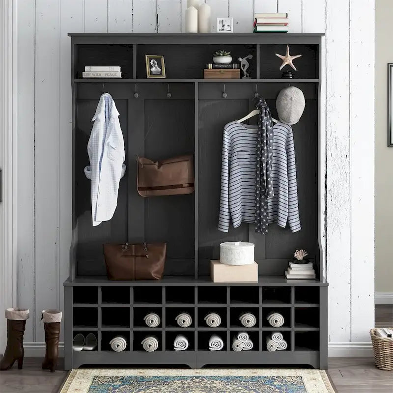 Meuble d'entrée multifonctionnel avec crochets, étagères et 24 casiers à chaussures, Rangement d'entrée