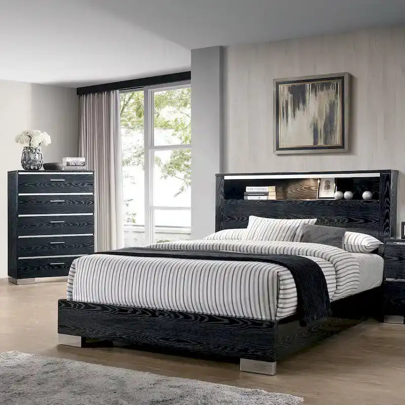 Ensemble de chambre à coucher 2 pièces en bois massif contemporain : lit avec panneau de rangement et commode haute