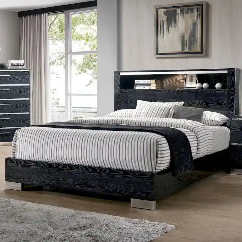 Ensemble de chambre à coucher 2 pièces en bois massif contemporain : lit avec panneau de rangement et commode haute