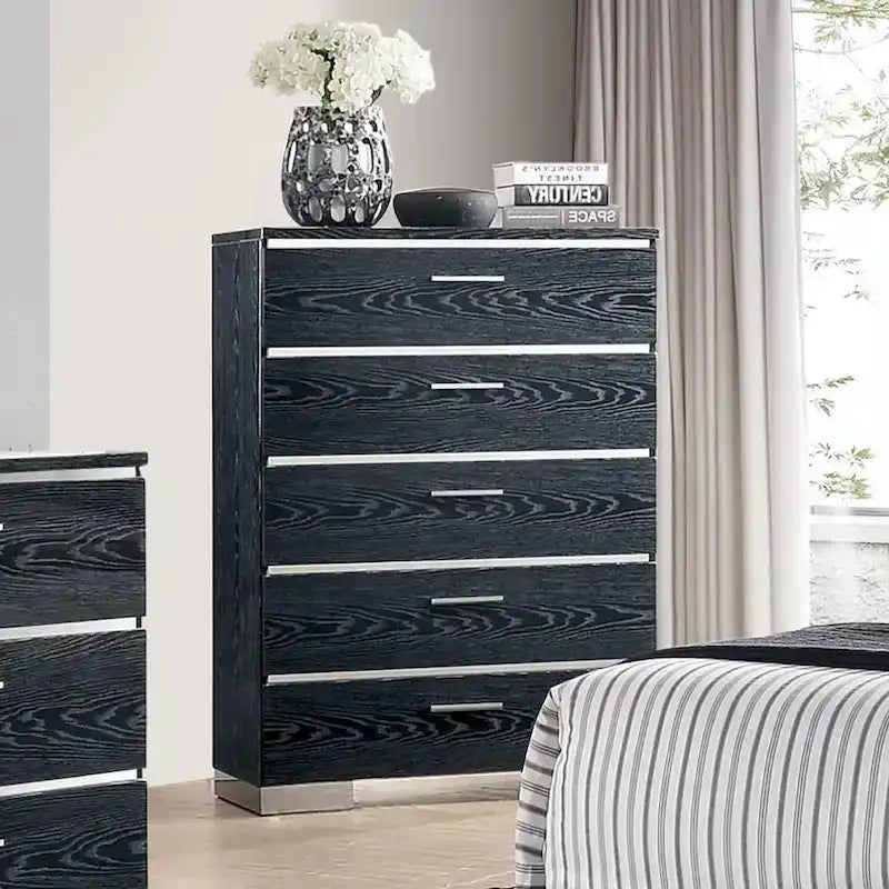 Ensemble de chambre à coucher 2 pièces en bois massif contemporain : lit avec panneau de rangement et commode haute