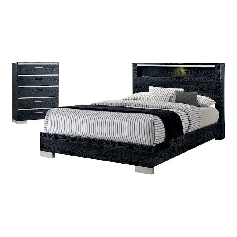 Ensemble de chambre à coucher 2 pièces en bois massif contemporain : lit avec panneau de rangement et commode haute