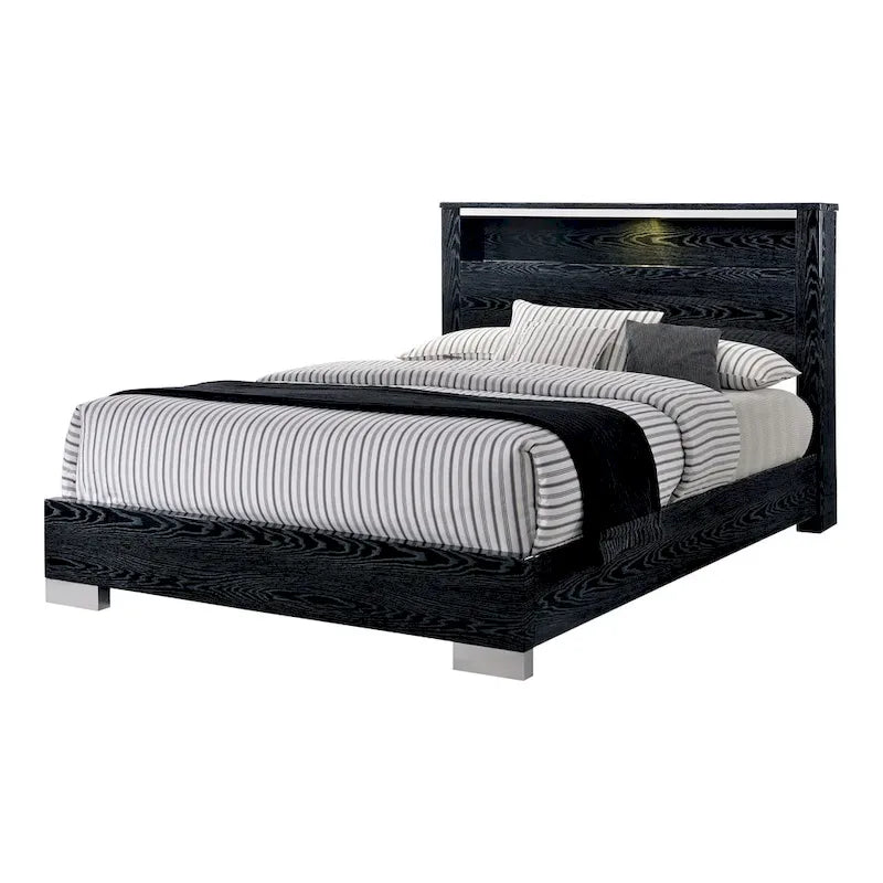 Ensemble de chambre à coucher 2 pièces en bois massif contemporain : lit avec panneau de rangement et commode haute