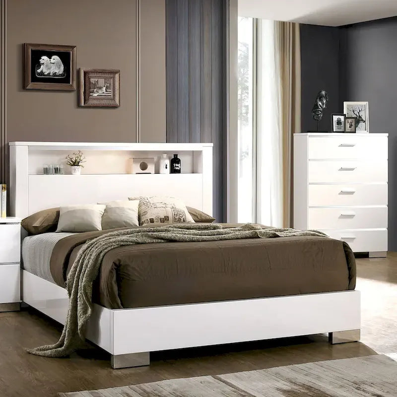 Ensemble de chambre à coucher 2 pièces en bois massif contemporain : lit avec panneau de rangement et commode haute